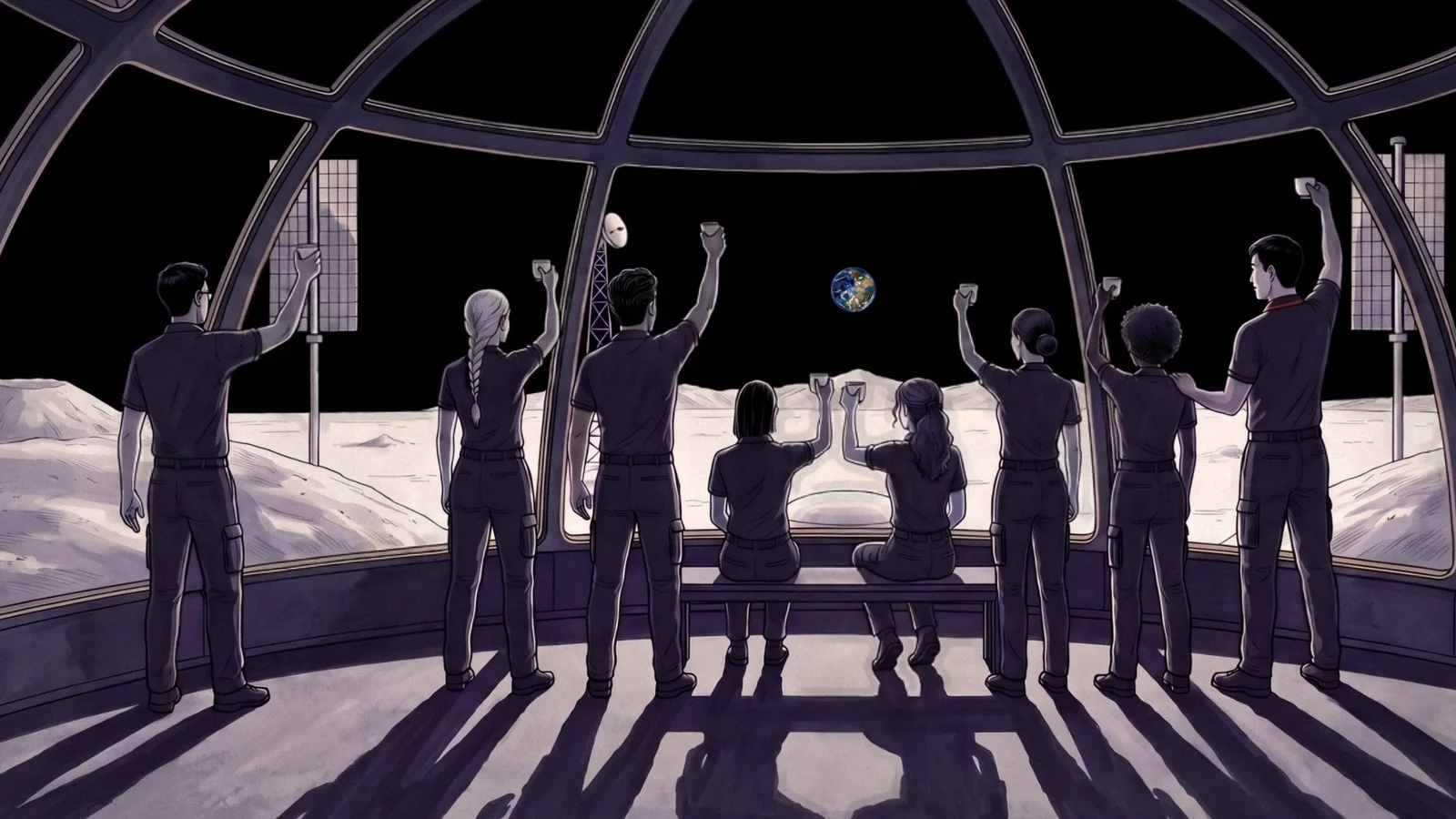 Eight crew members raise their cups toward a small Earth above the lunar horizon, seen through the glass cupola's exposed ribs; their long shadows stretch across the floor.