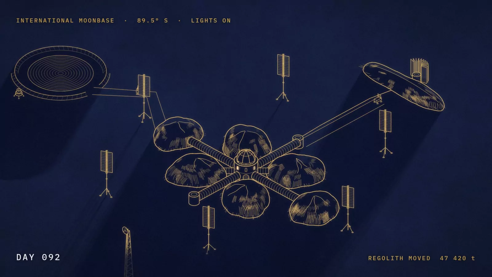 Gold line drawing on indigo, seen from above at an angle: the hub and four domed modules, a long tunnel out to a round landing pad, solar masts standing around them, DAY 092 in the corner.