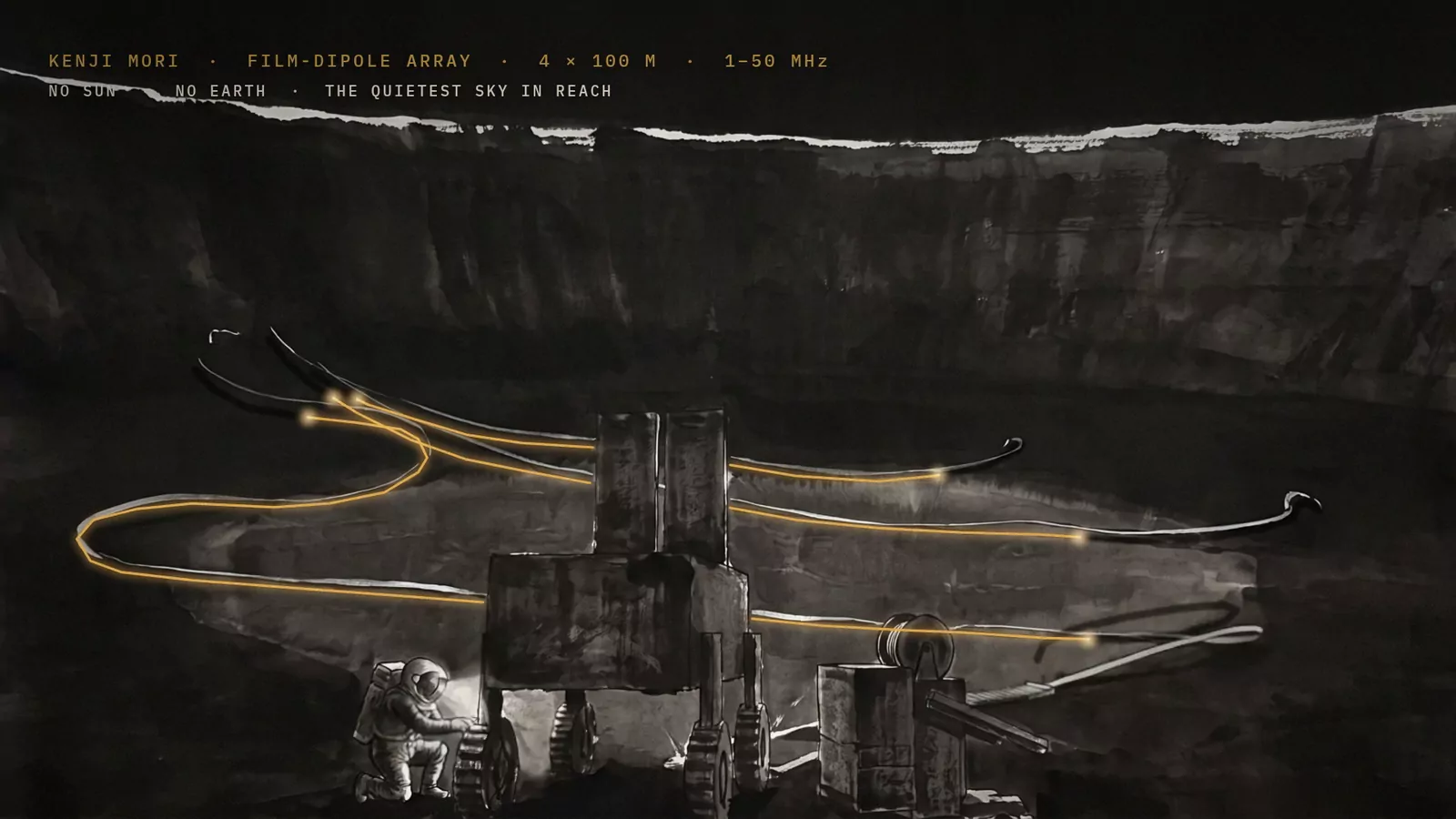 Ink on black: a small rover unrolls long gold ribbons of film antenna across the dark floor of a crater beneath its rim.