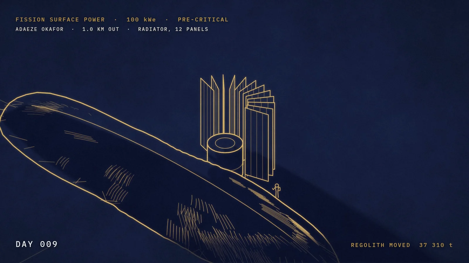 Gold line drawing on indigo: a small cylindrical reactor and its fan of twelve upright radiator panels stand behind a long shielding berm, with an engineer beside the panels.