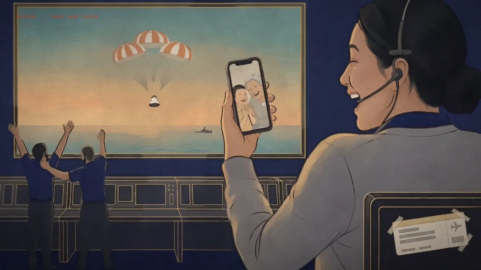 Mission Control's large screen shows a capsule descending toward the sea under three orange-and-white parachutes; two controllers watch and celebrate below while Leah shares the moment on her phone in the foreground.