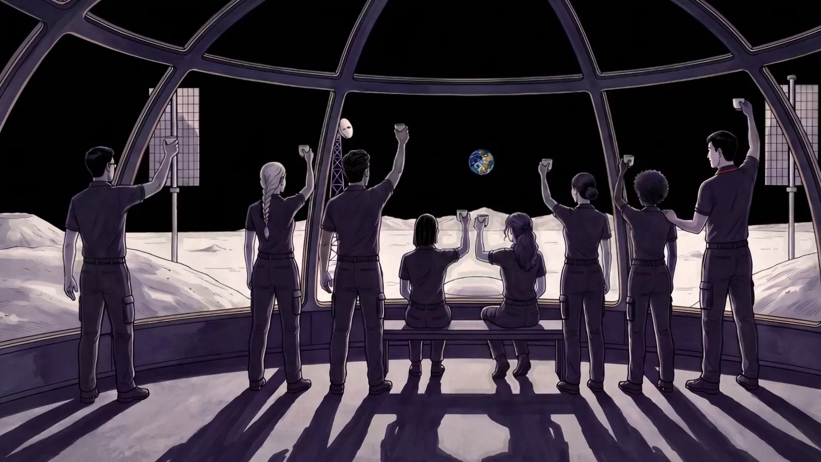Eight crew members in silhouette under the ribbed glass cupola, raising cups toward a small Earth above the bright lunar horizon, their long shadows falling across the floor.
