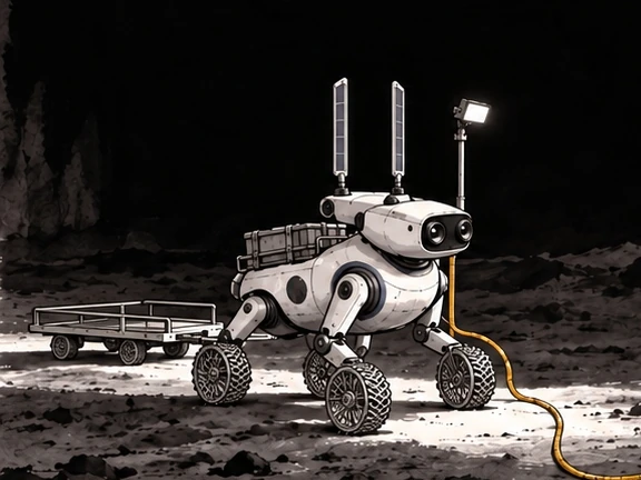 Detail of the film's artwork: a white Yutu rover with four wheel-legs, two upright solar-panel ears, a work lamp and a small trailer, connected to the drill by a yellow cable on the crater floor.